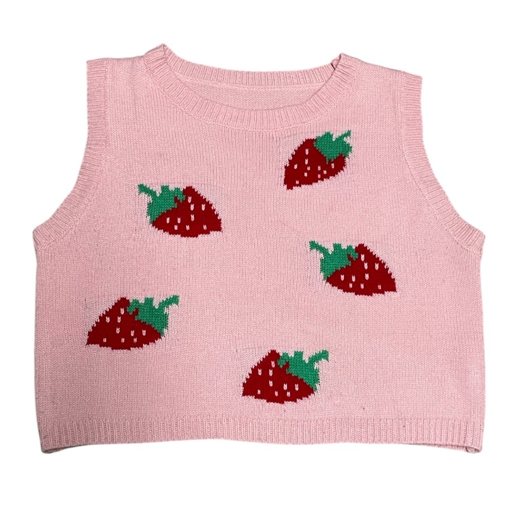 Gyaru Style Pink Strawberry Print Knit Sleeveless Top Size Large